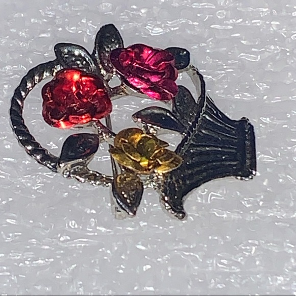 Red, Pink, & Gold Roses in Silver Tone Basket Brooch/Pin - Picture 11 of 16